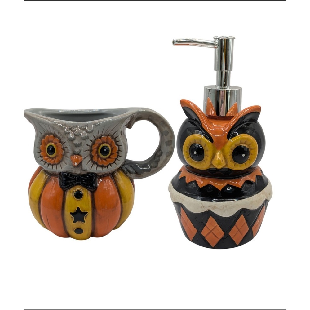 Halloween Johanna Parker Owl On A Cupcake Ceramic‎ Soap Dispenser And Creamer